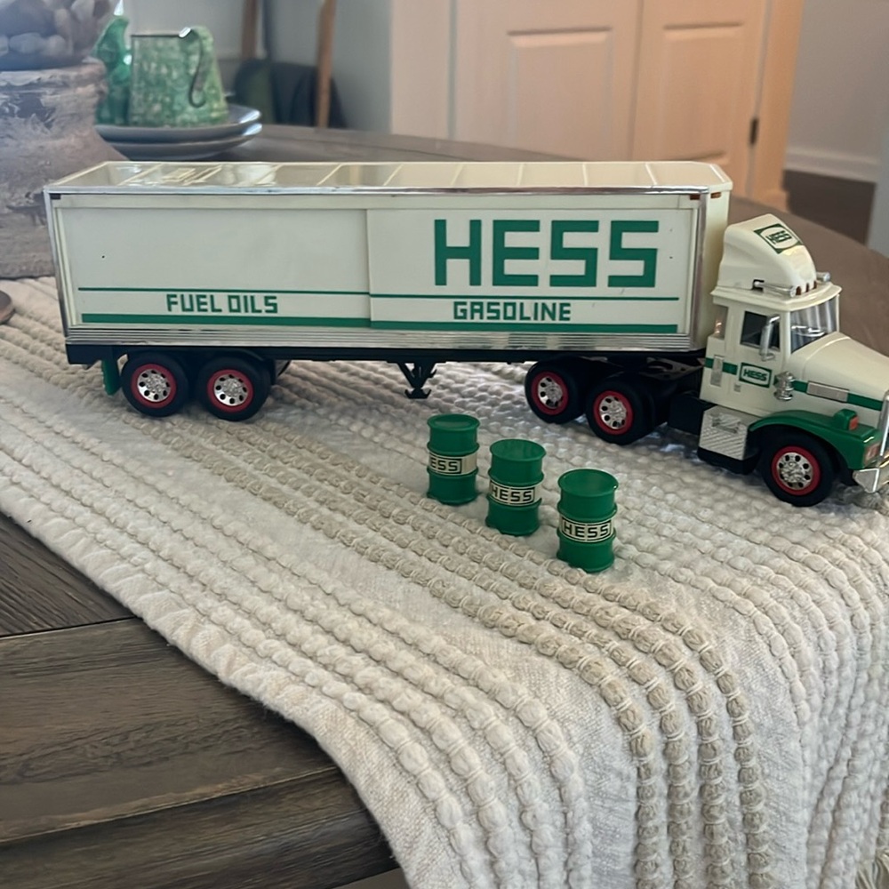 Hess Oil Company Toy Truck Coin Bank with 3 barrels